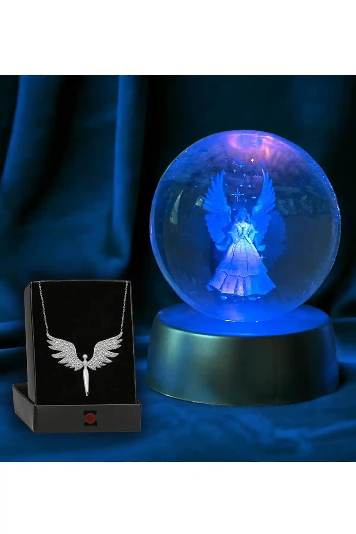 Zemtigo Renk Değiştiren LED Işıklı Melek Cam Küre ve Gümüş Melek Kolye Seti