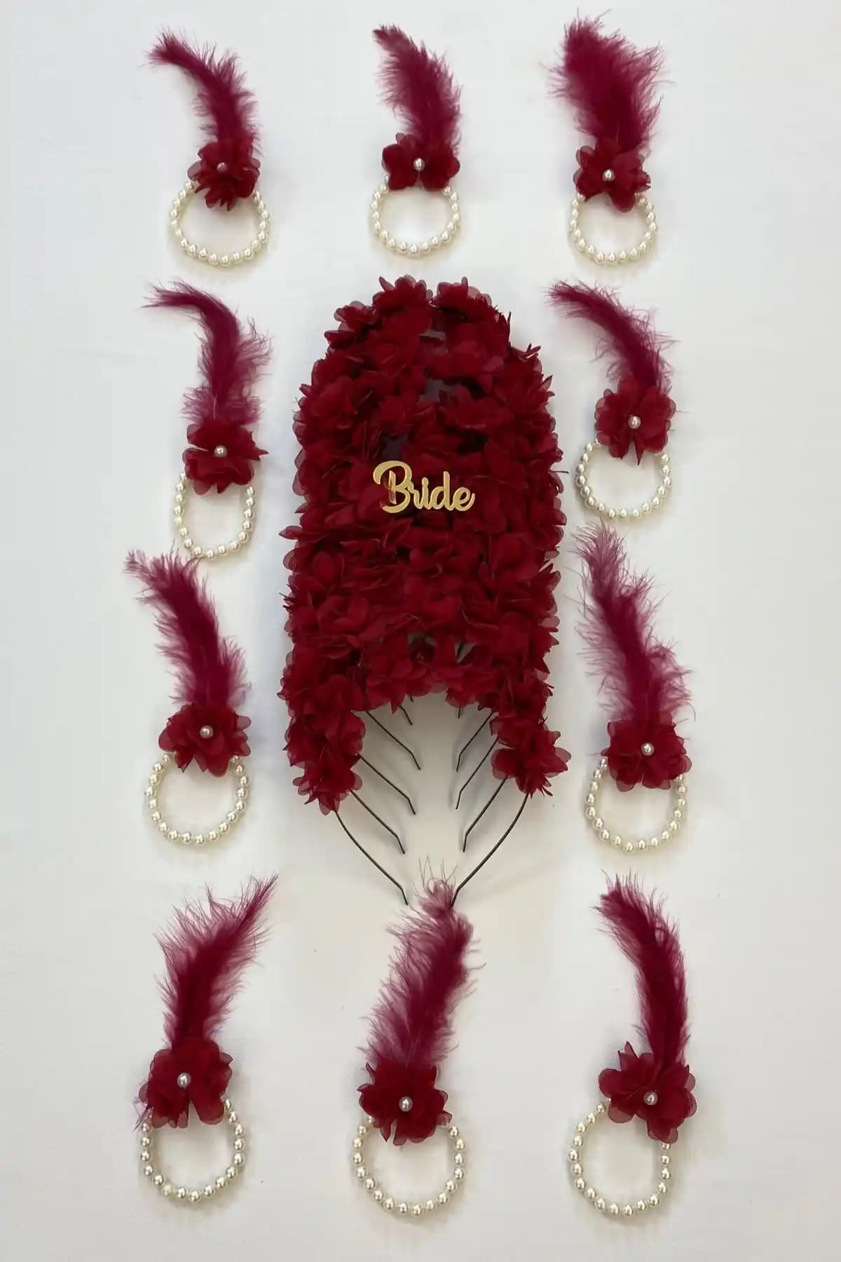 Zeymarde Bordo Nedime Bilekliği ve Nedime Taçı Seti Düğün ve Özel Günler İçin Şık Tasarım