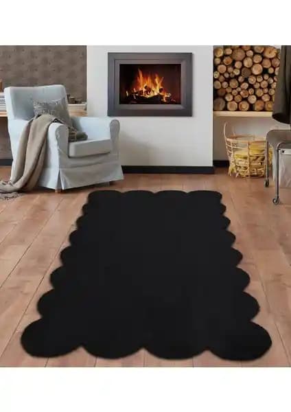 Balat Halı Siyah Lazer Kesim Kaymaz Taban Peluş Uzun Tüylü Modern Dekorasyon Halısı