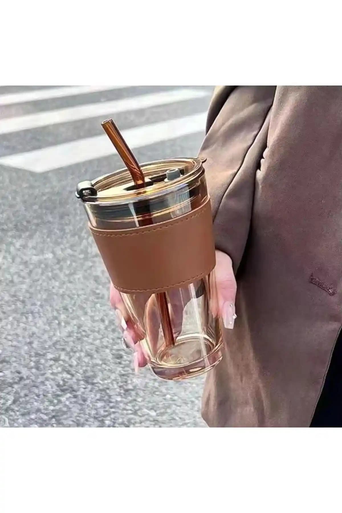 BLUE SİDE 450ml Isıya Dayanıklı Borosilikat Retro Deri Şeritli Bardak