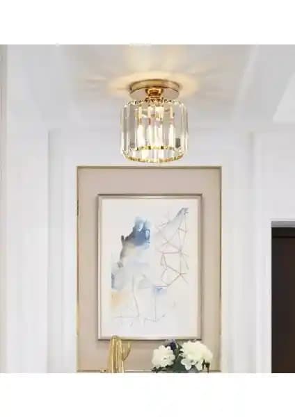 Burenze Modern Luxury Plafonyer Kristal Taşlı Avize Sarı Metal ve Kristal Detaylar