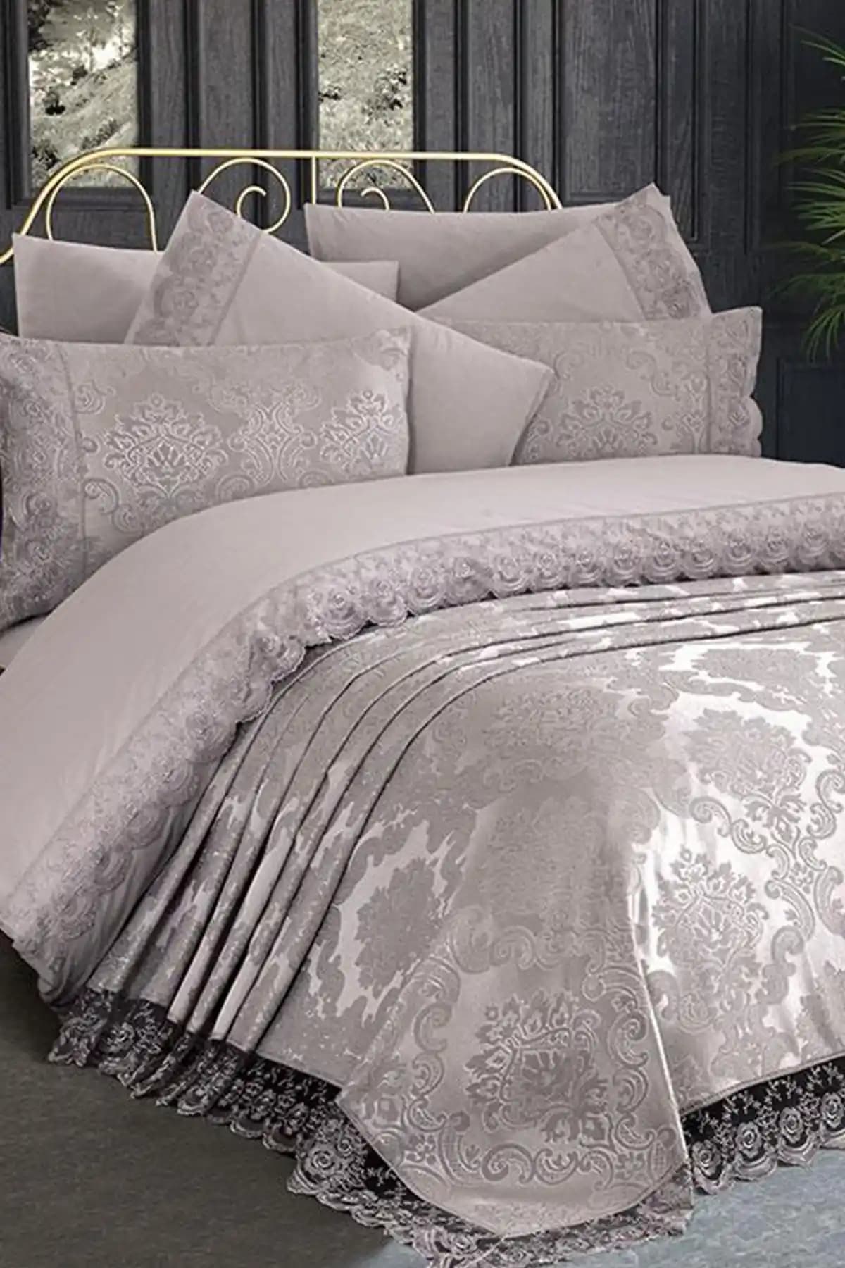 Çeyiz Diyarı Fransız Dantelli Kure Gelin Seti 7 Parça Gri Modern ve Şık Tasarım