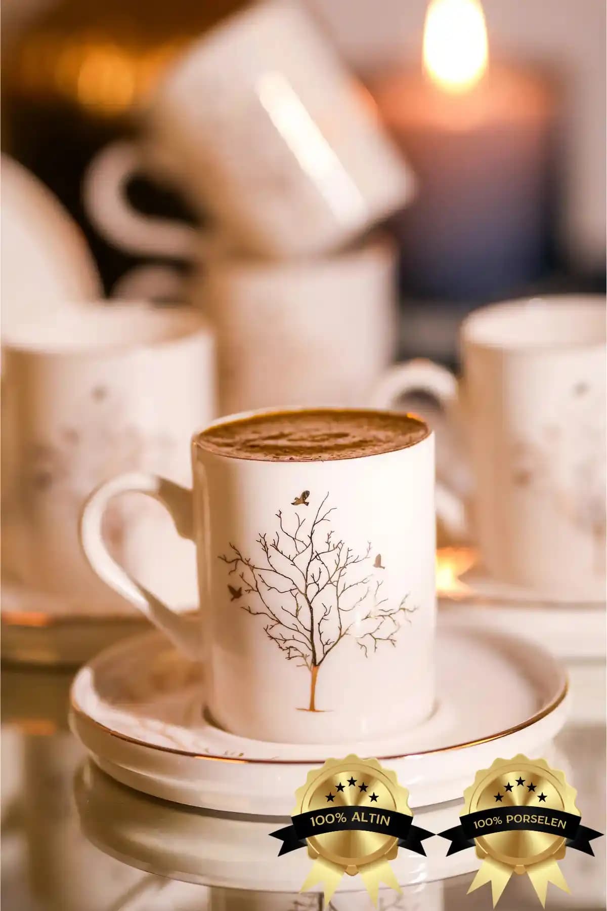 Farika Porselen Hayat Ağacı 12 Parça 6 Kişilik Altın Yalız Kahve Fincan Takımı
