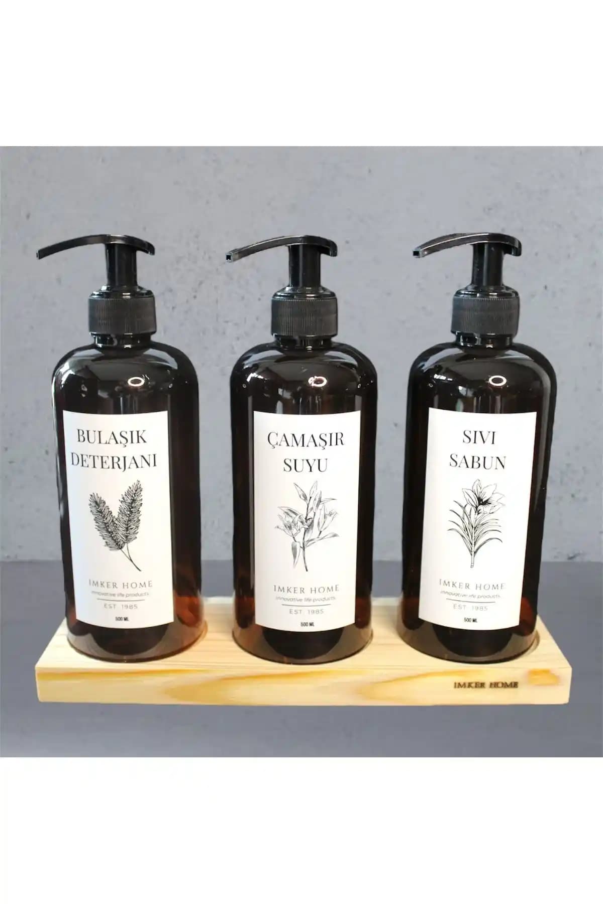 IMKER HOME 3 Gözlü Amber Ahşap Stantlı Bulaşık Deterjanı ve Sıvı Sabunluk Seti