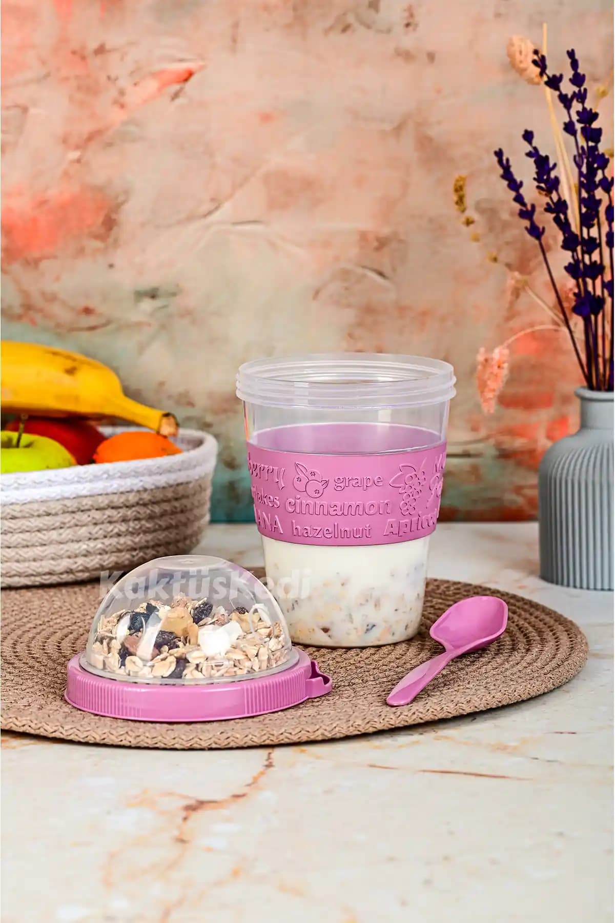 KaktüsKedi Kaşıklı Hazırla ve Çık Atıştırmalık Kabı Günlük Kullanım İçin Uygun