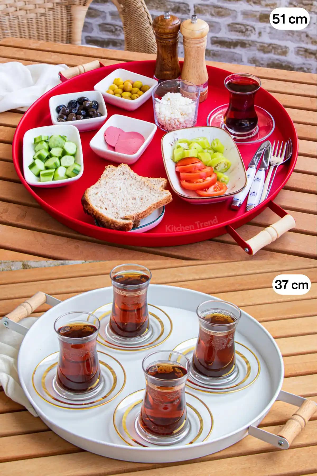 Kitchen Trend 51 cm Kırmızı ve 37 cm Beyaz Metal Sunum Tepsisi Seti Modern ve Dayıklı Mutfak Aksesuarları