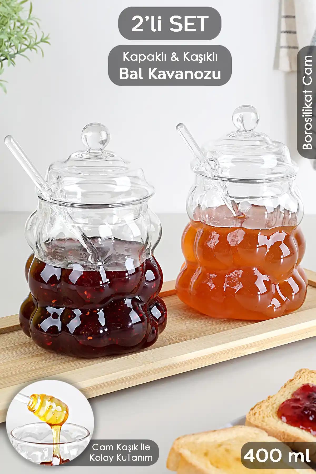 Meleni Home 2'li Kaşıklı Borosilikat Cam Bal Kavanozu Estetik ve Fonksiyonellik Sunar