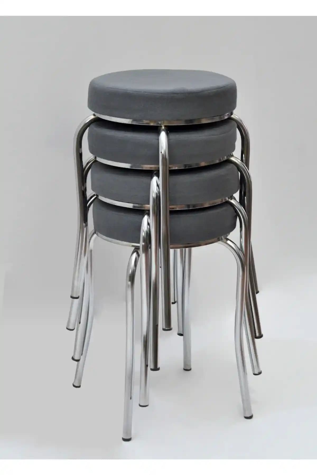 Modern ve Retro Tarzın Buluştuğu Krom Ayaklı Mina Kumaş Tabure Seti 4'lü