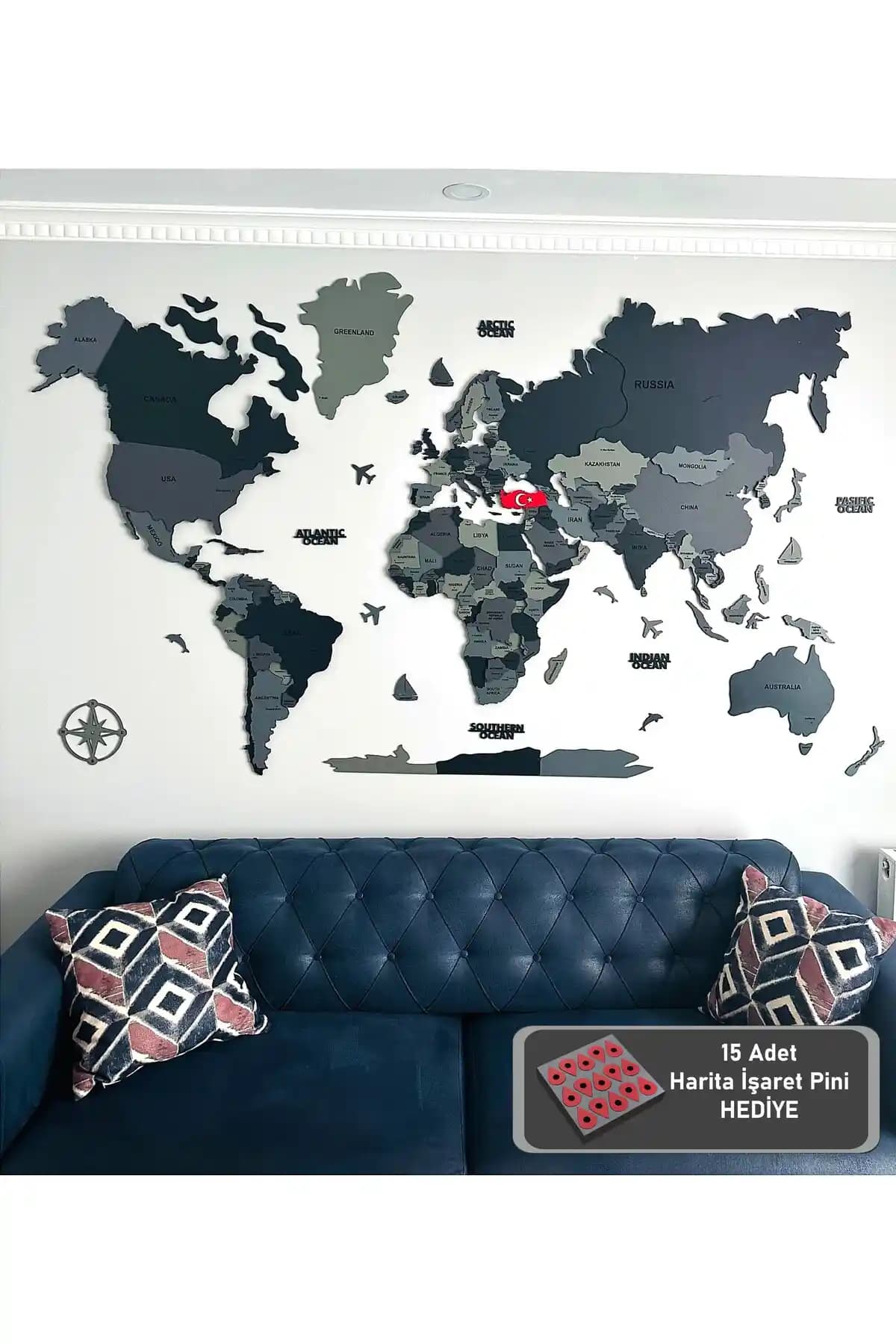 Orendart Antrasit Ahşap Katmanlı Dünya Haritası Modern ve Eğitici Dekorasyon Parçası