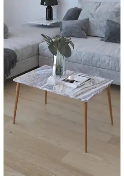 Remaks Retro Orta Sehpa Beyaz Mermer ve Ahşap Ayaklar ile Şık Tasarım