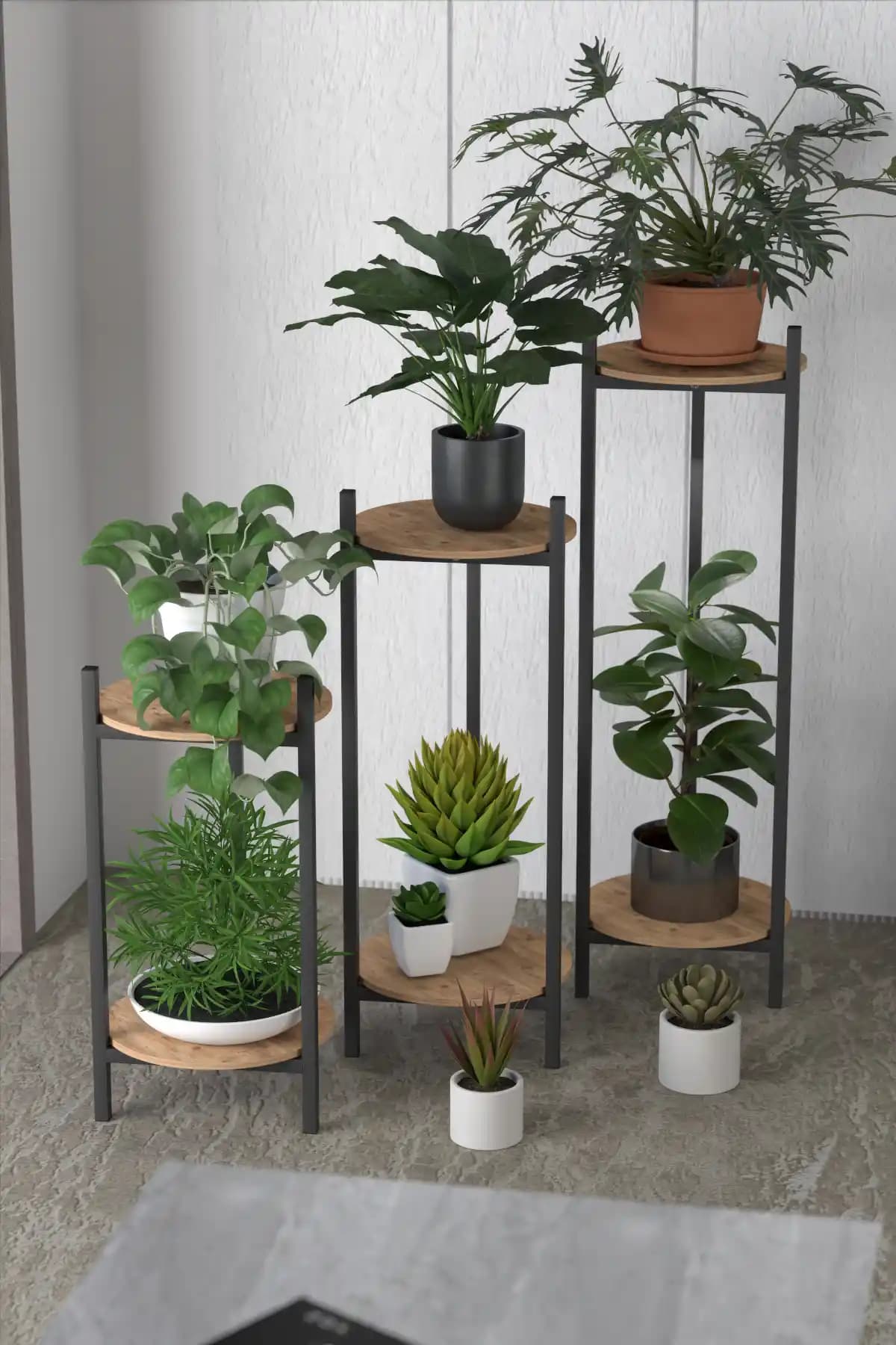 Retodesign 3'lü Metal Siyah Yuvarlak Çiçeklik Seti Modern ve Dayanıklı Dekorasyon Çözümü