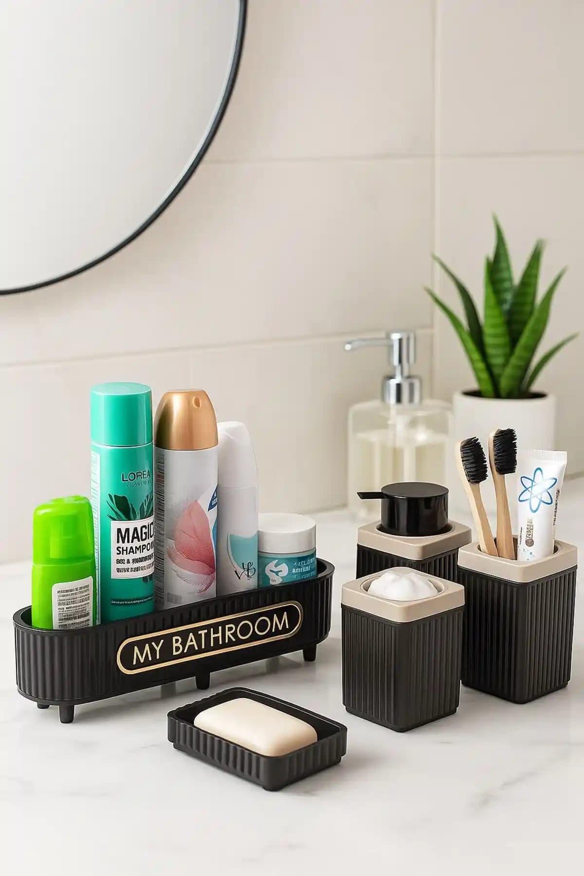 Sas Haus Lines Siyah Banyo Seti: Modern ve Çok Yönlü Dekoratif Banyo Organizerleri