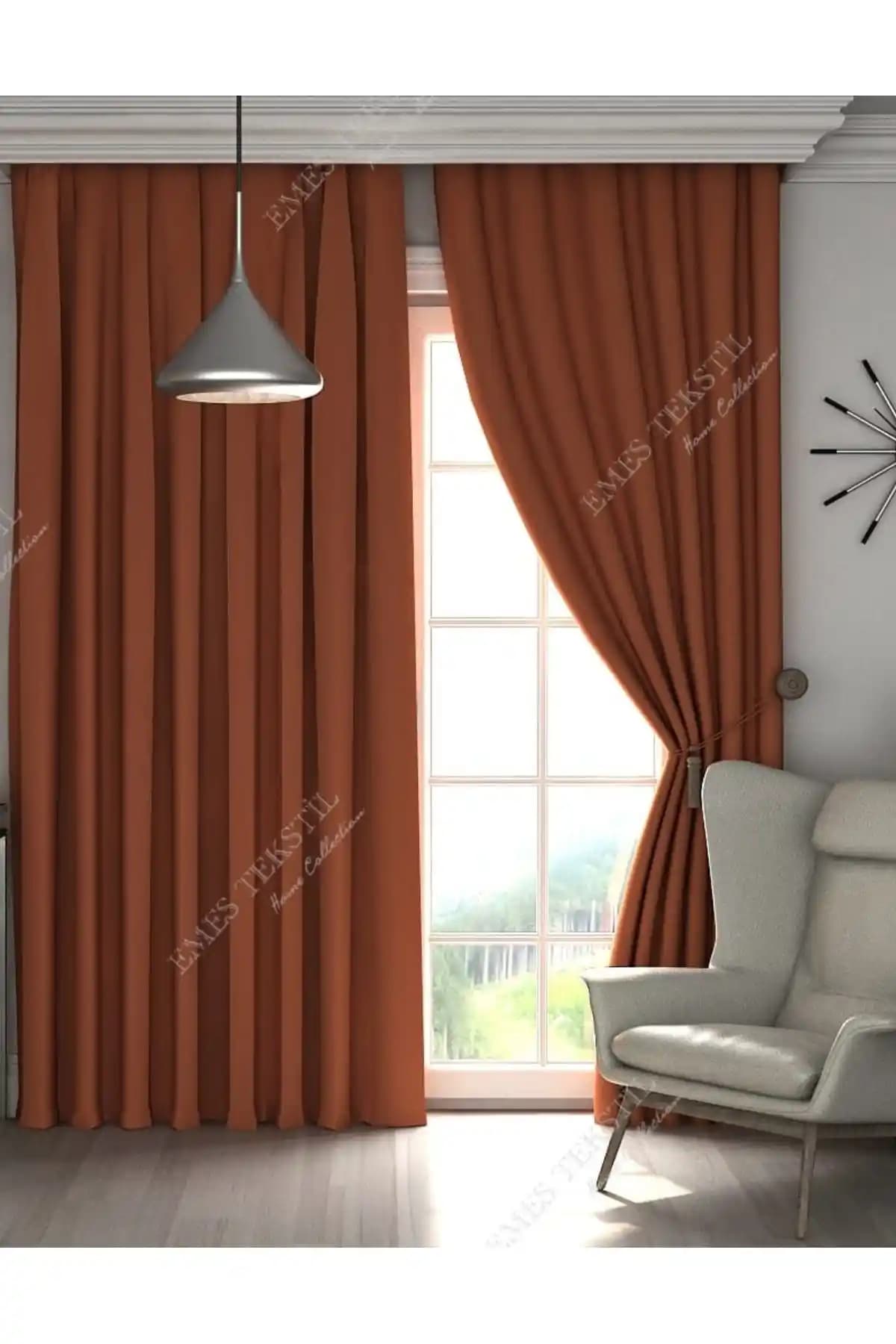 Taç Lüks Kiremit Renkli Tarçın Desenli Karartma Perde Modern Mekanlar İçin