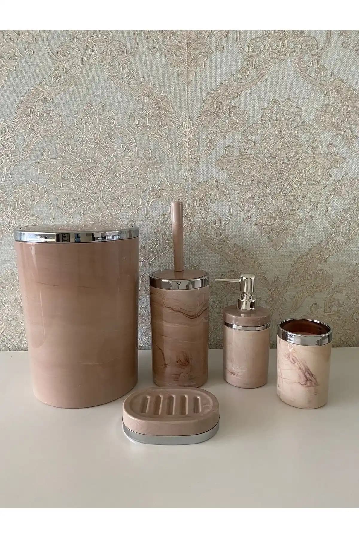 TrendBanyoMutfak 5 Parça Mermer Desen Gü<müş> Banyo Seti Modern ve Şık Tasarım