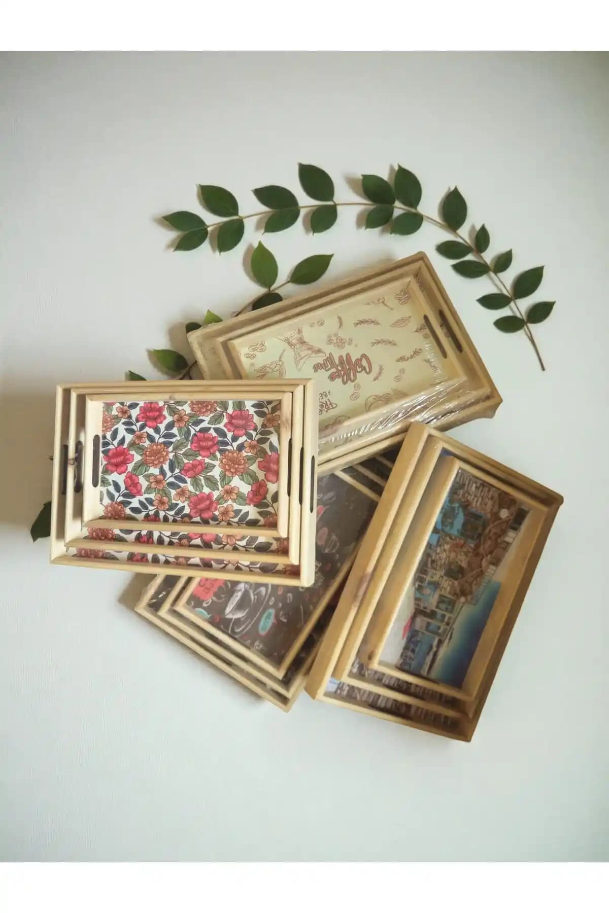 Umut Karışık Desen Ahşap 3'lü Servis Sunum Tepsisi Günlük ve Davet Kullanımı İçin