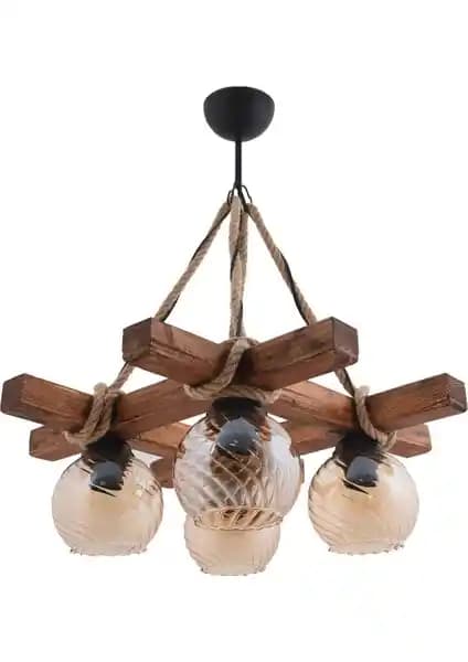 Vedemo Yağmur 4'lü Rustik Halatlı Ahşap Avize: Modern ve Doğal Aydınlatma Çözümü