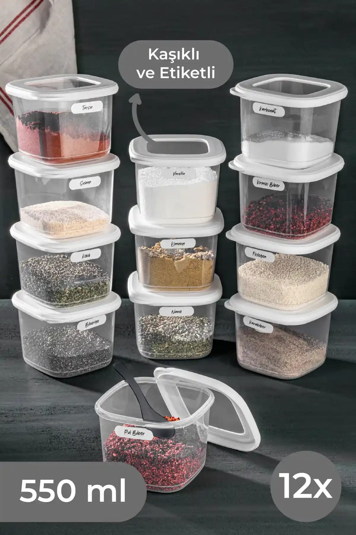 Vienev 12li 0,55 Küçük Boy Etiketli ve Kaşıklı Foly Kare Erzak Saklama Kabı Seti Beyaz