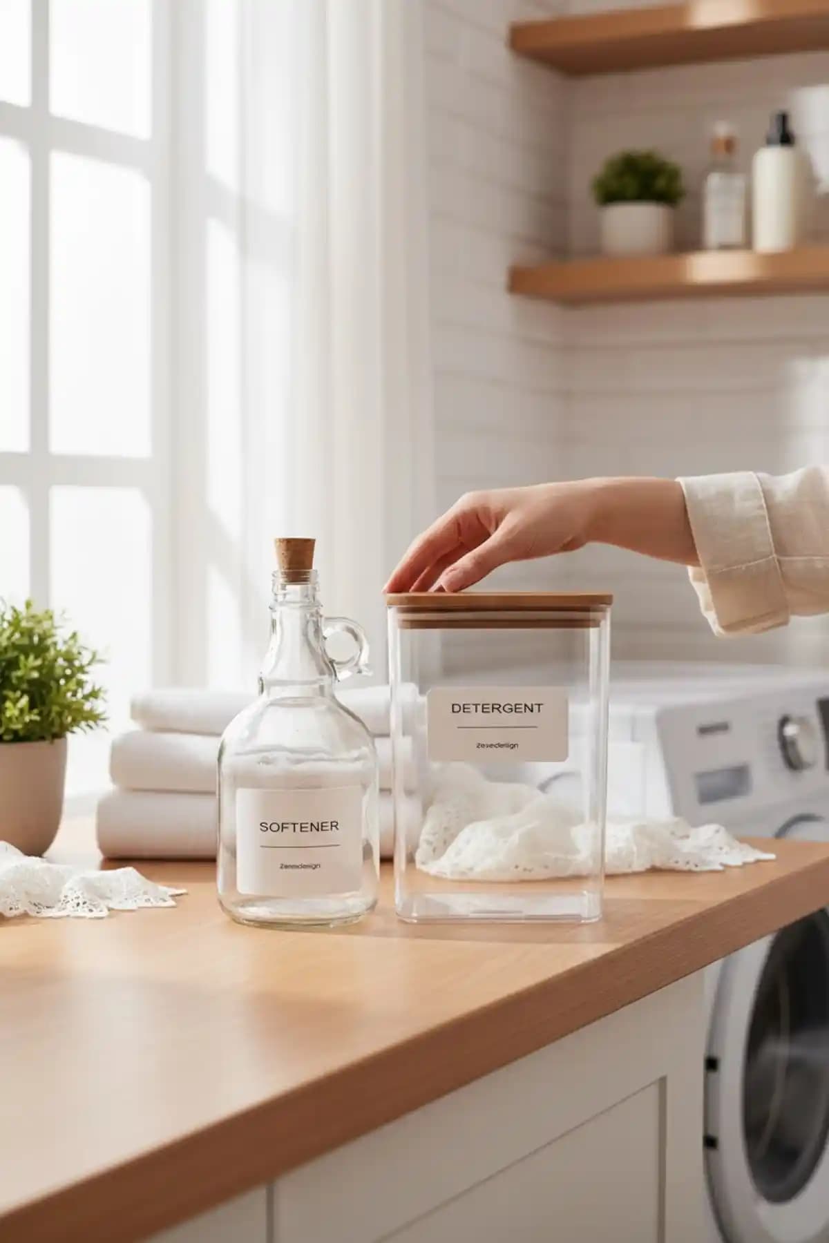 ZezeDesing Ahşap Kapaklı Toz Deterjan Kavanozu ve Yuvarlak Şişe ile Temizlikte Şıklık ve Fonksiyon