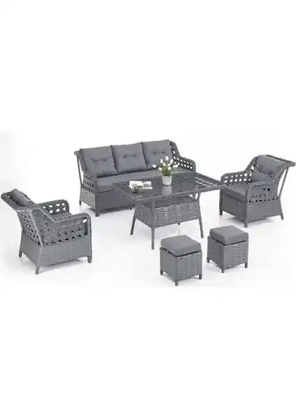 EVDEMO Eren Rattan Puflu Bahçe Balkon Takımı Modern ve Dayanıklı Dış Mekân Oturma Seti