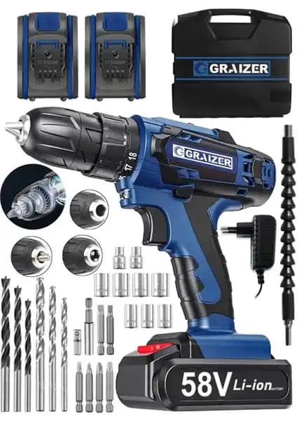 Graizer V-Tec 58V Çelik Motorlu ve Çift Akülü Profesyonel Vidalama Matkapları