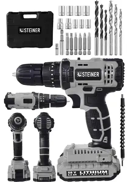 Steiner Alman 58 V 5 Ah Darbeli Çift Akülü Metal Şanzuman Bakır Sargı Vidalama Matkap Seti