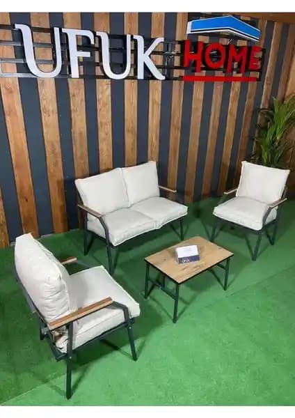 Ufuk Home Linda 2 1 1 Sehpalı Krem Bahçe Takımı, Modern ve Dayanıklı Dış Mekan Mobilyası