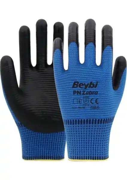 Beybi Pn Zebra Mavi Polyester Örme Nitril Eldiven: Yüksek Performans ve Güvenlik İçin Uygun