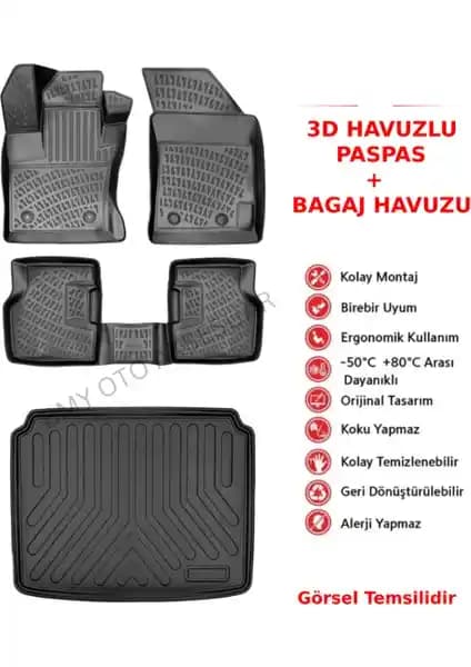 Ford Tourneo Courier 2024 için özel 3D paspas ve bagaj havuzu seti detaylı inceleme