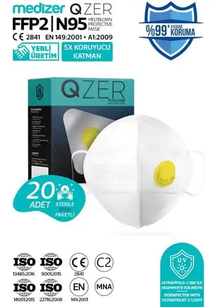 Medizer Qzer Beyaz 5 Katlı Ventilli FFP2 NR N95 Maske Güvenli Solunum Koruma Çözümü