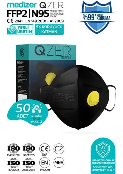 Medizer Qzer Siyah 5 Katlı Ventilli FFP2 N95 Maske Güvenli Solunum Koruması Sağlar