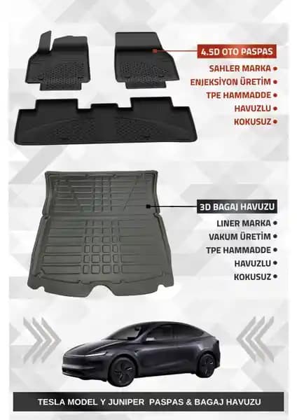 Tesla Model Y Juniper 2025+ uyumlu özel oto paspas ve bagaj havuzu seti