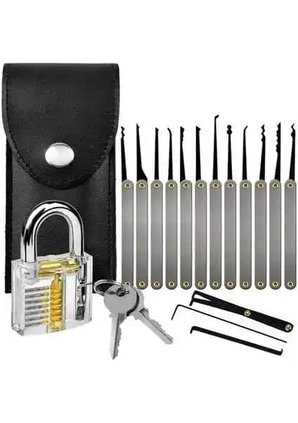 Valkyrie 15 Parça Bozuk Kilit Açma Seti ve Şeffaf Asma Kilit Profesyonel Kullanım İçin