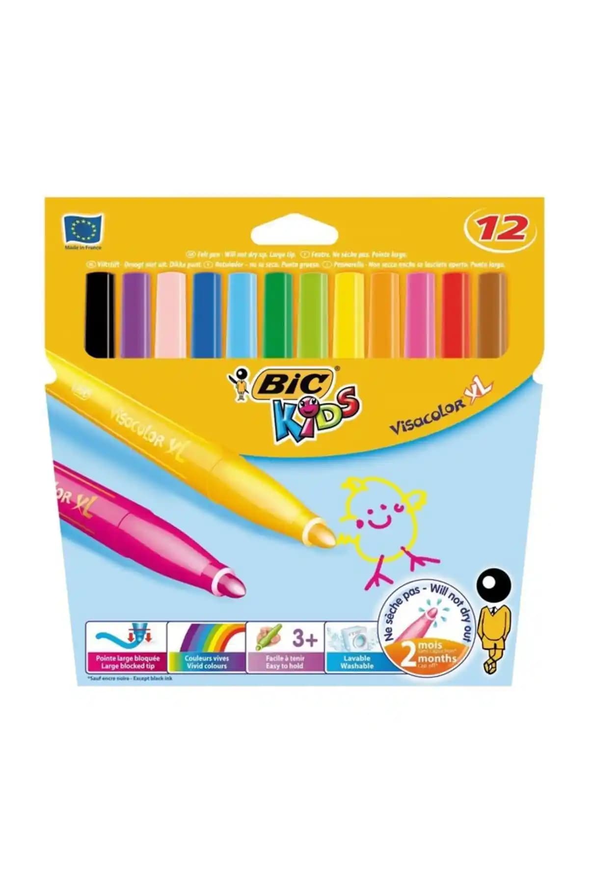 Bic Visa Yıkanabilir Jumbo Keçeli Boya Kalemi 12'li Güvenli ve Parlak Renkli Çocuk Boyama Malzemesi