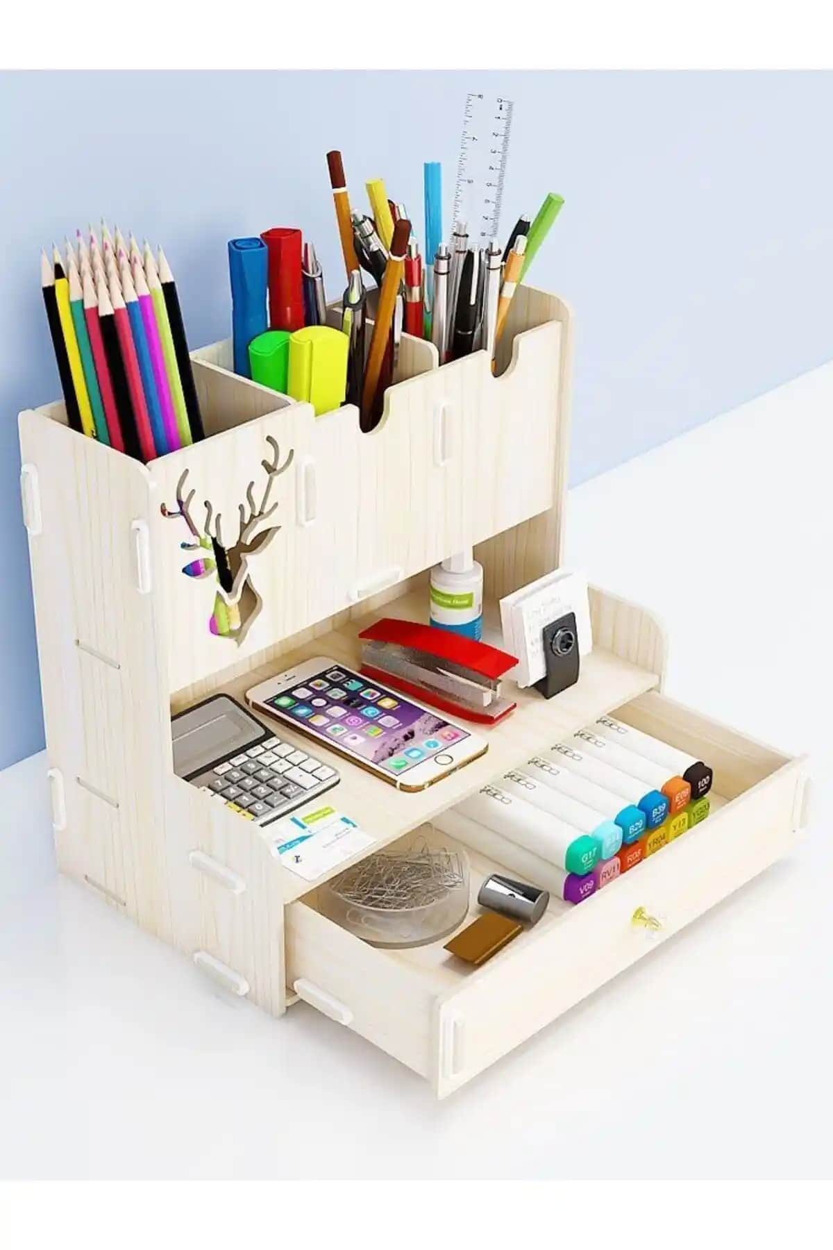 Doğal Ahşap Handy Mate Masaüstü Kalemlik Organizerı Çocuklar ve Yetişkinler İçin Uygun