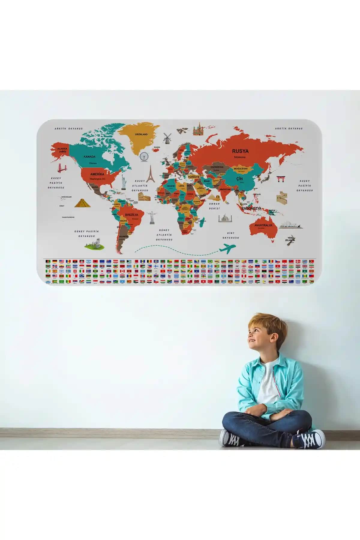 Harita Sepeti Türkçe Bayraklı Eğitici Duvar Stickerleri Çocuklar İçin Öğretici Dekoratif Ürünler