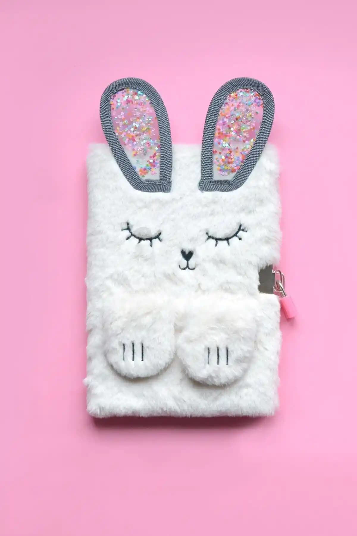 Kagitolu Kilitli Peluş Rabbit Çizgili Defter A5 Günlük ve Notlar İçin Uygun