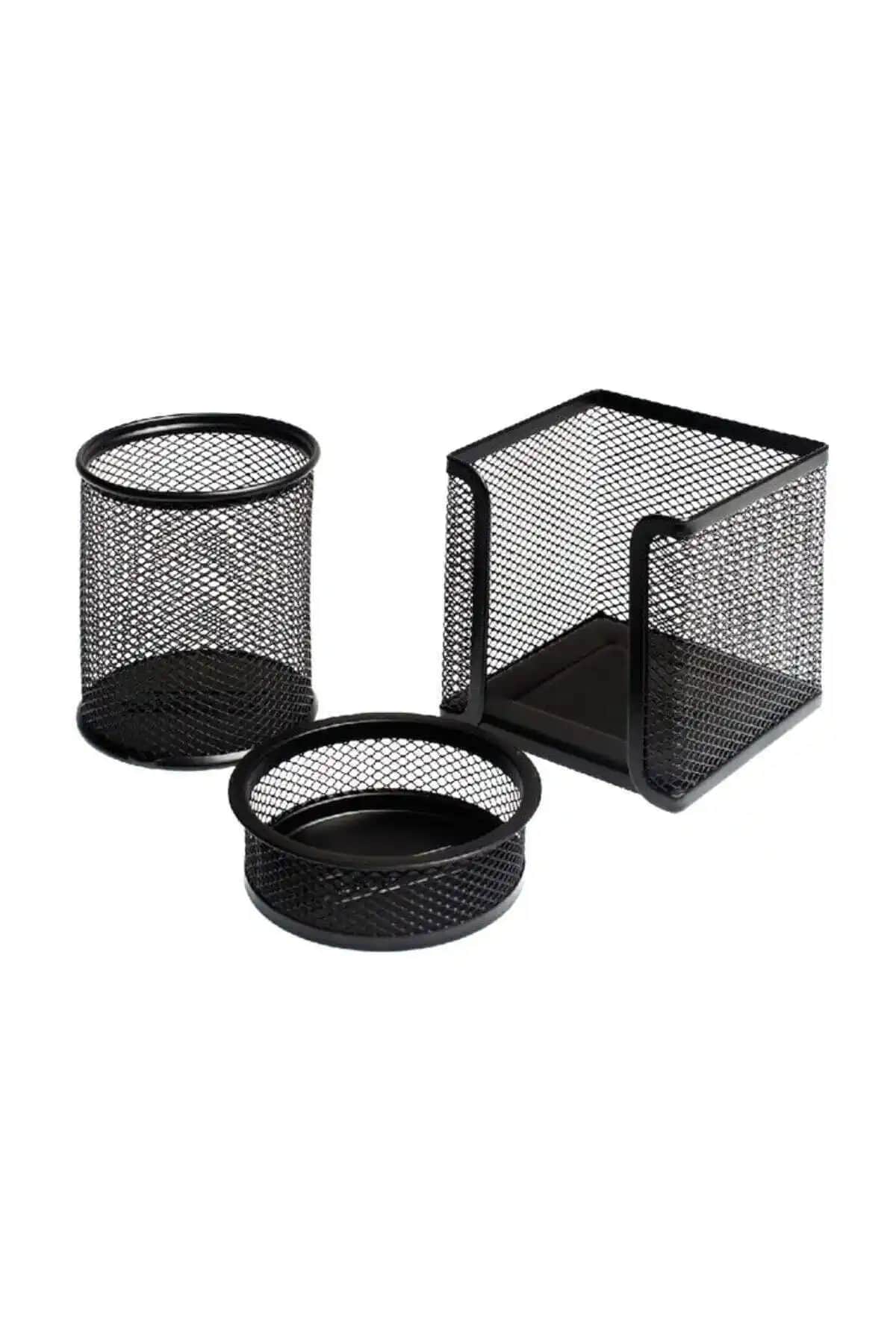 Metal Perfore 3'lü Siyah Set ofis ve ev düzeni için dayanıklı masaüstü organizatörü