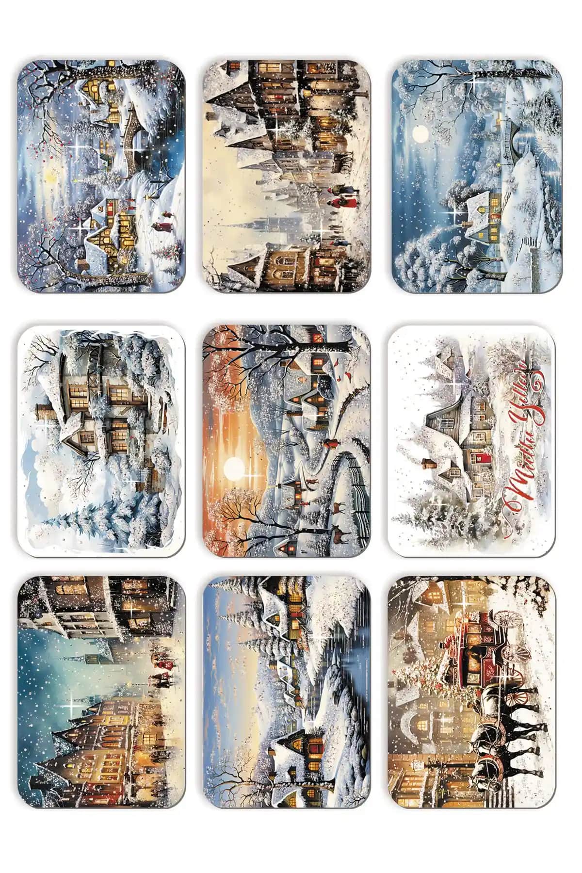 Mia Pera 9'lu Simli Yılbaşı Kartpostal Seti Nostaljik ve Renkli Dekoratif Hediye Seçeneği