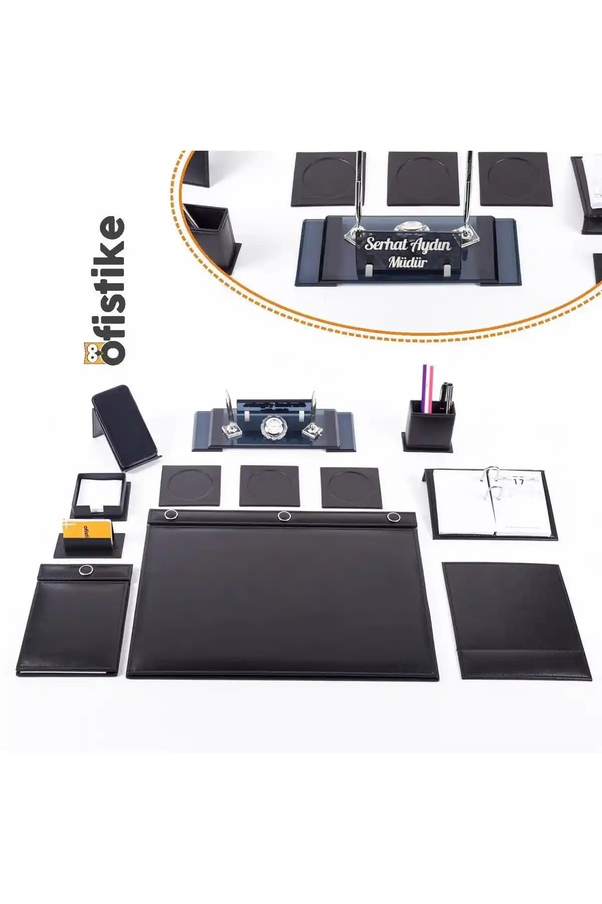 Ofistike 10 Parça Düğmeli Sümen Takımı Siyah Deri Masa Düzeni Aksesuarları