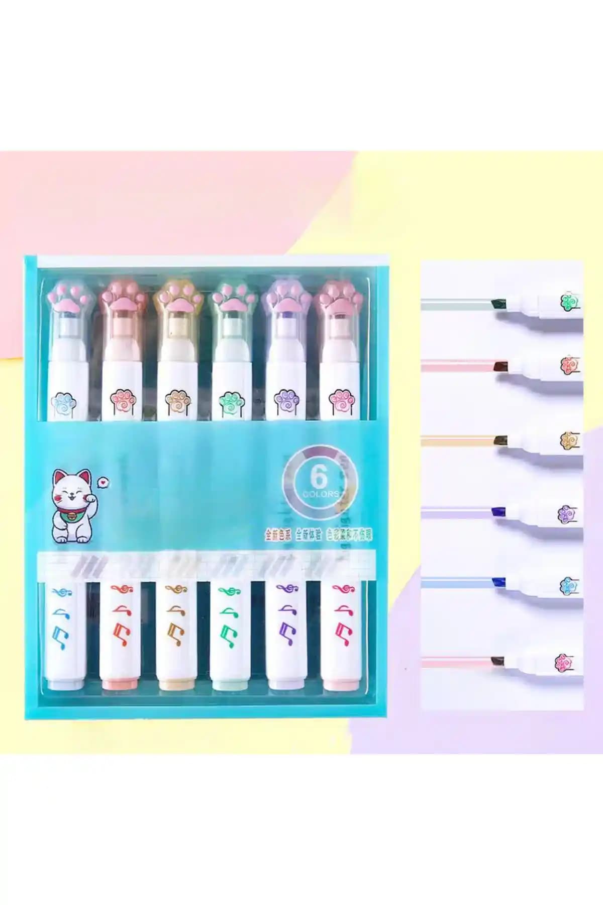 Pastel Kedi Pati Fosforlu Kalem Seti Çocuklar ve Sanatçılar İçin Renkli ve Dayanıklı