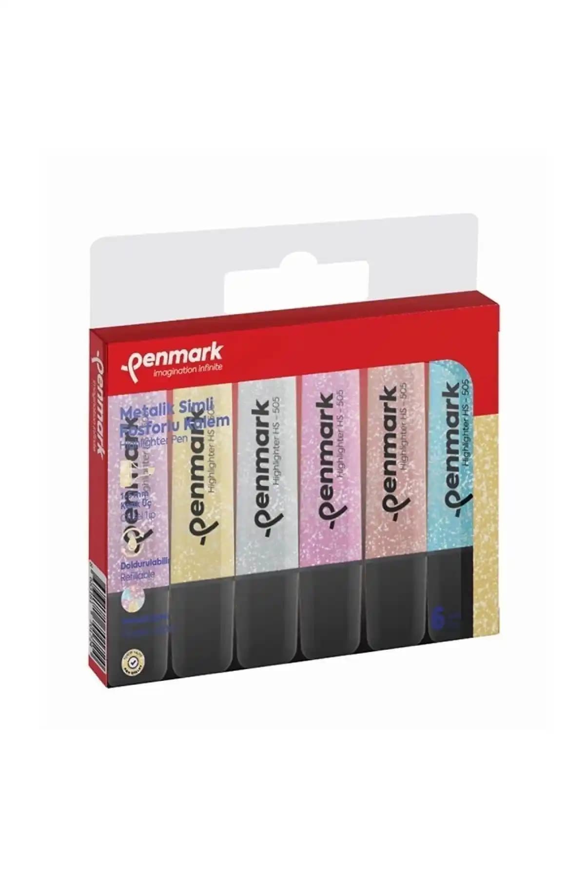 Penmark Hs-505-6s Metalik Simli Fosforlu Kalem Seti Renkli ve Dayanıklı Yazım Araçları