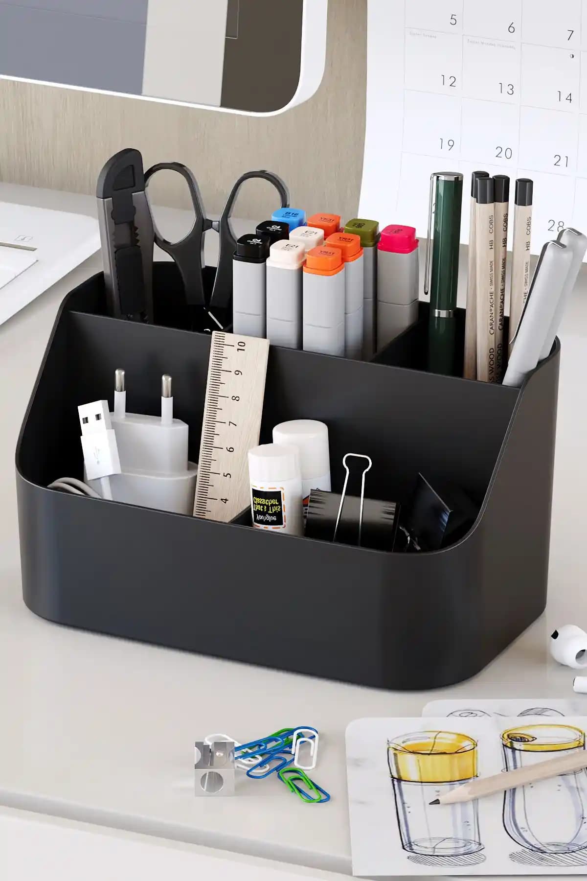 Pufwin Home Siyah Masa Düzenleyici Organizer Kalem Kutusu Ev ve Ofis İçin