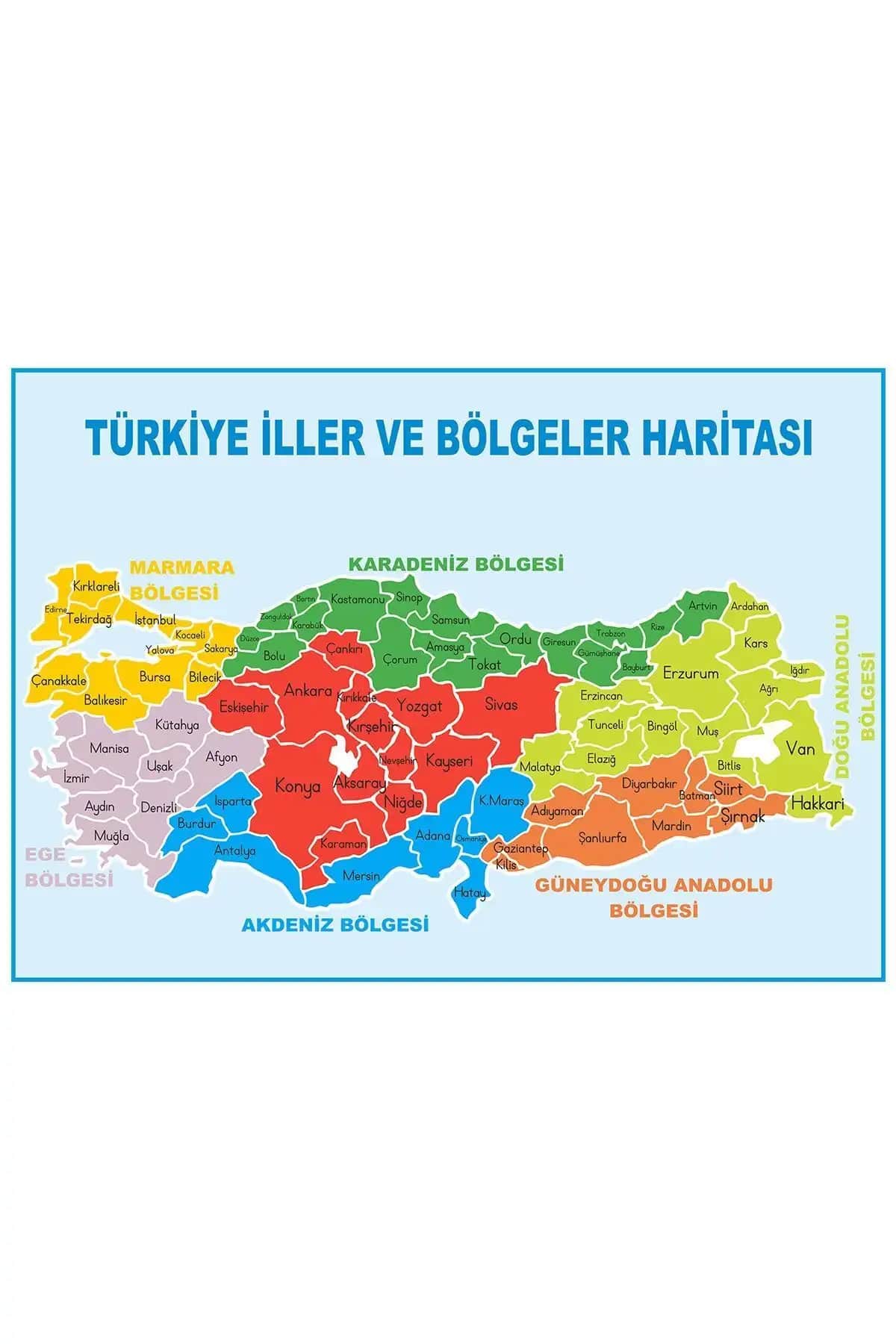 Türkiye İller ve Bölgeler Haritası 50x70 cm Dijital Baskı ve Yapışkanlı Özelliklerle