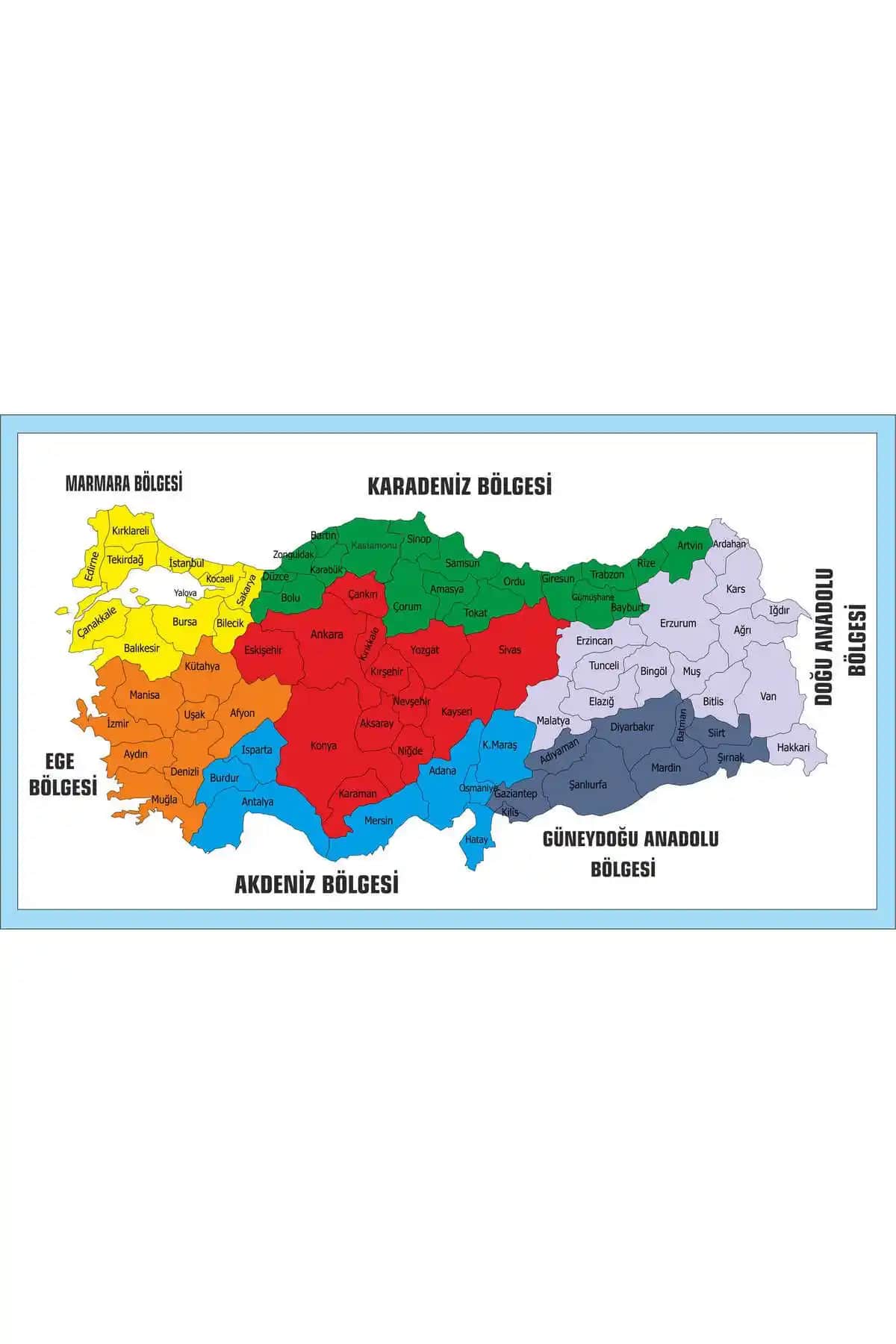Türkiye'nin İl ve Bölge Haritası 50x70 cm Vinil Baskı ile Coğrafyayı Yakından Tanıyın