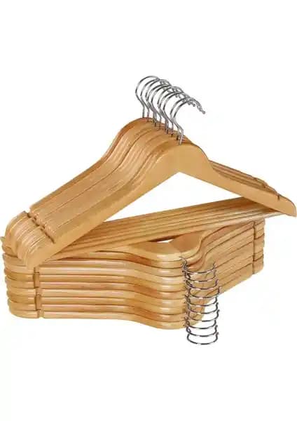 Astreda Vernikli Ahşap Askı 12 Parça Seti: Gürgen Ağacı, Dayanıklı 360° Kancalı