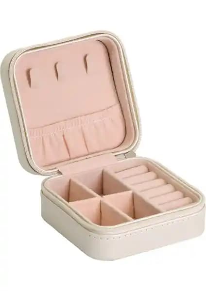 Buyfun Taşınabilir Mini Takı Kutusu - Beyaz, PU Deri Dış Yüzeyli ve İç Astarlı