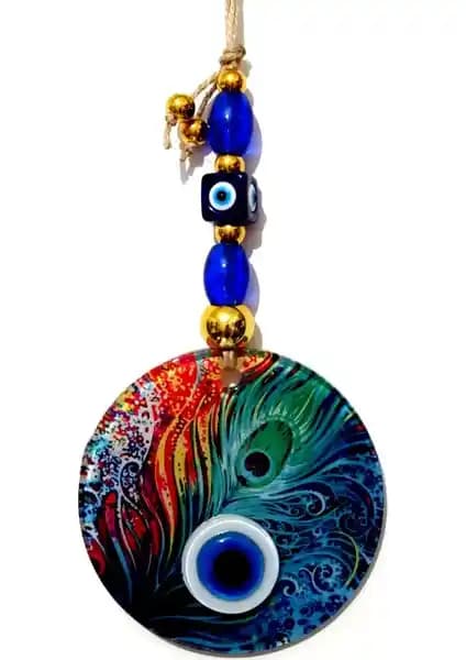 El Yapımı Füzyon Cam Tavus Kuşu Tüyü Desenli Nazar Boncuklu Dekoratif Duvar Süsü