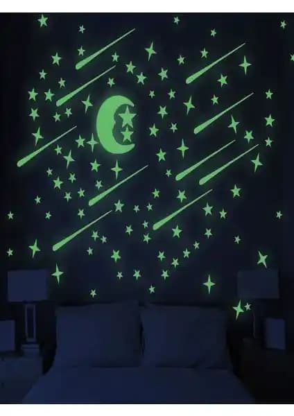 Fosforlu Yıldız Yağmuru: Çocuk Odası İçin 2 Sayfalık 3D Duvar Sticker Seti ve Parıltı