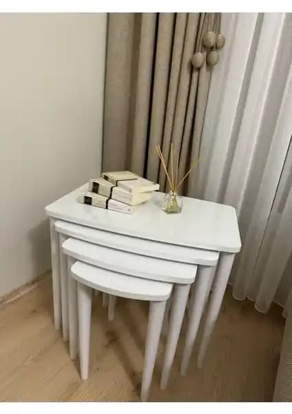 Başaran Üst Kalite MDF Boyalı 4'lü Beyaz Zigon Sehpa Seti - Modern ve Şık Tasarım