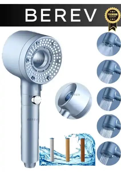Berev 5 Fonksiyonlu Filtreli Duş Başlığı: Su Tasarrufu ve Çok Fonksiyonlu Modern Tasarım